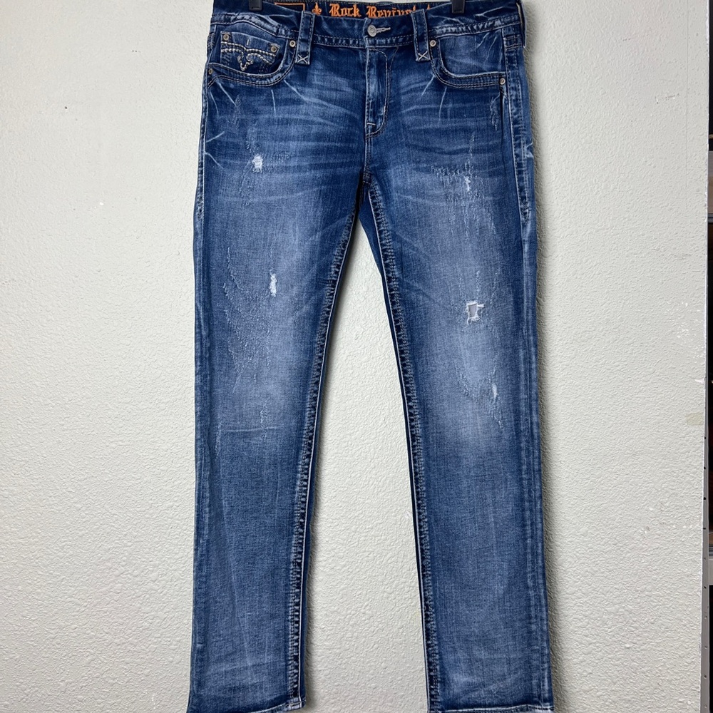 Rock Revival Alivia 31 Easy Straight Leg Medium Wash Embellished Raw Cut Hem.